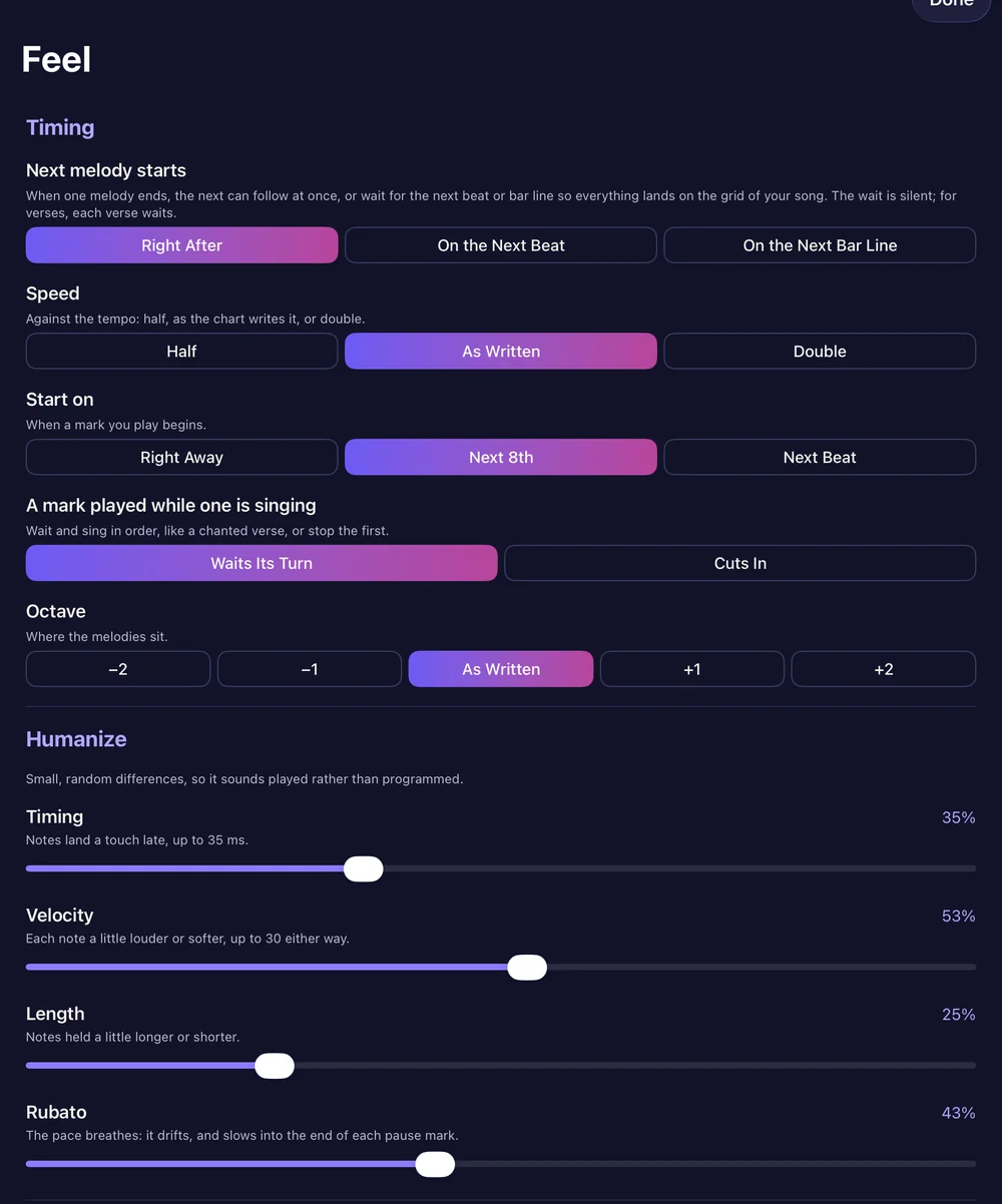 The Feel settings: timing, humanize and melody shape